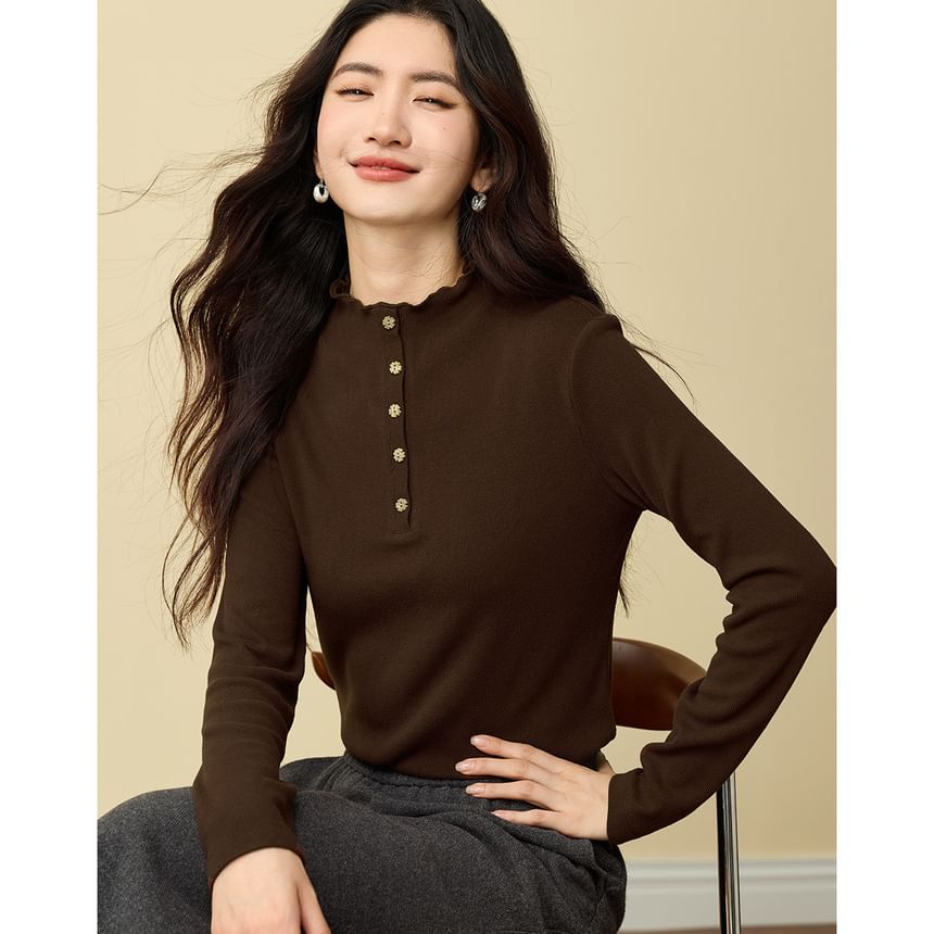 Mock Neck Long-Sleeve Henley Plain Tee