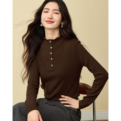 Mock Neck Long-Sleeve Henley Plain Tee