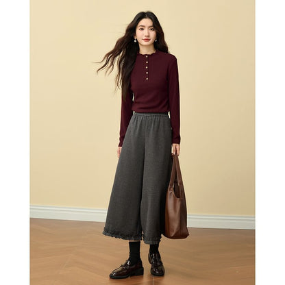 Mock Neck Long-Sleeve Henley Plain Tee