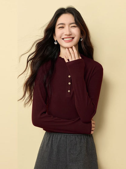 Mock Neck Long-Sleeve Henley Plain Tee