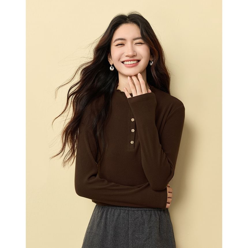 Mock Neck Long-Sleeve Henley Plain Tee