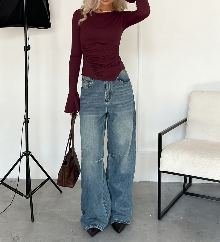 Ruched Bell Sleeve Asymmetric Hem Slim T-Shirt