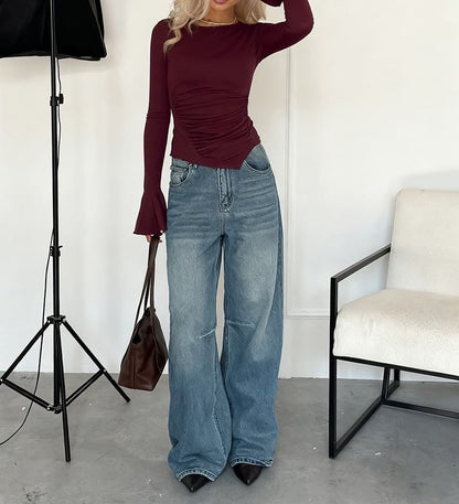 Ruched Bell Sleeve Asymmetric Hem Slim T-Shirt
