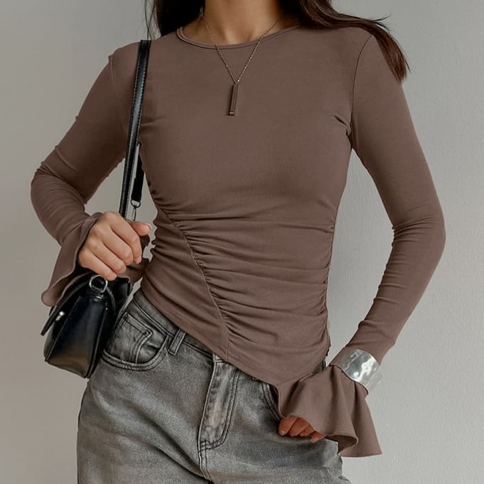 Ruched Bell Sleeve Asymmetric Hem Slim T-Shirt