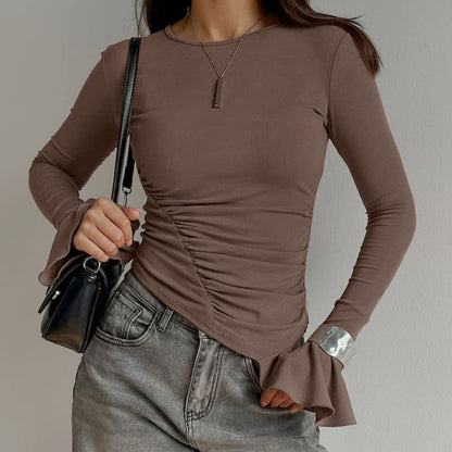 Ruched Bell Sleeve Asymmetric Hem Slim T-Shirt