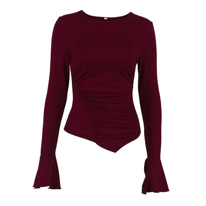 Ruched Bell Sleeve Asymmetric Hem Slim T-Shirt