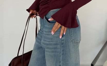 Ruched Bell Sleeve Asymmetric Hem Slim T-Shirt