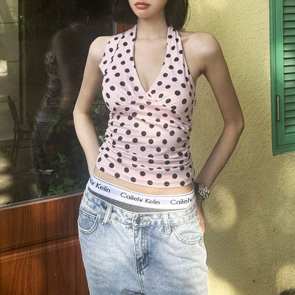 Polka Dot Halter V-Neck Slim Tank Top