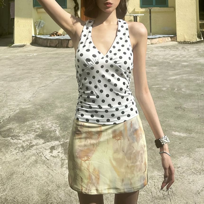 Polka Dot Halter V-Neck Slim Tank Top
