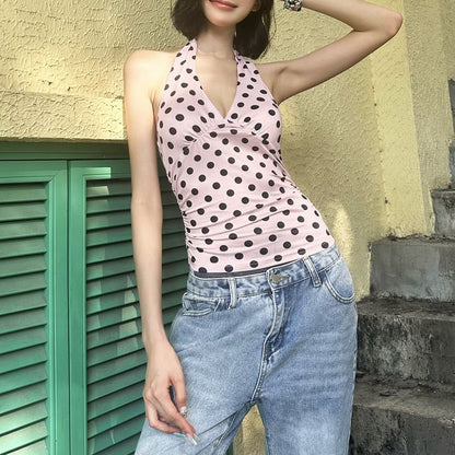 Polka Dot Halter V-Neck Slim Tank Top