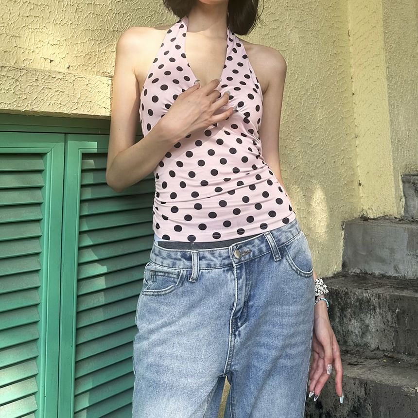 Polka Dot Halter V-Neck Slim Tank Top