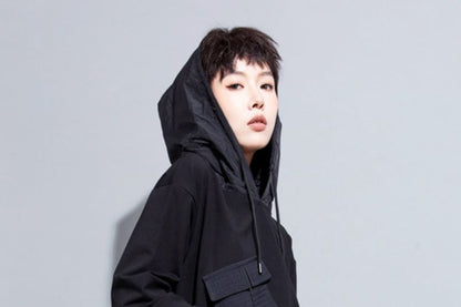Patchwork Pocket Front Asymmetrical Hoodie