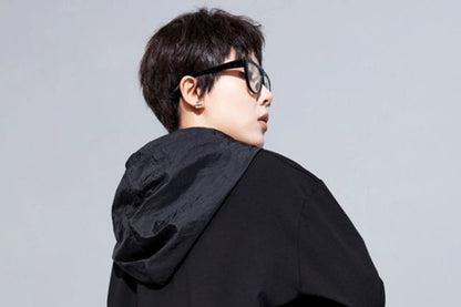 Patchwork Pocket Front Asymmetrical Hoodie