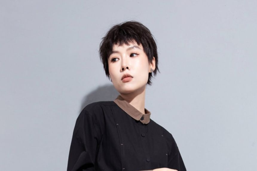Contrast Trim Long-Sleeve Plain Shirt