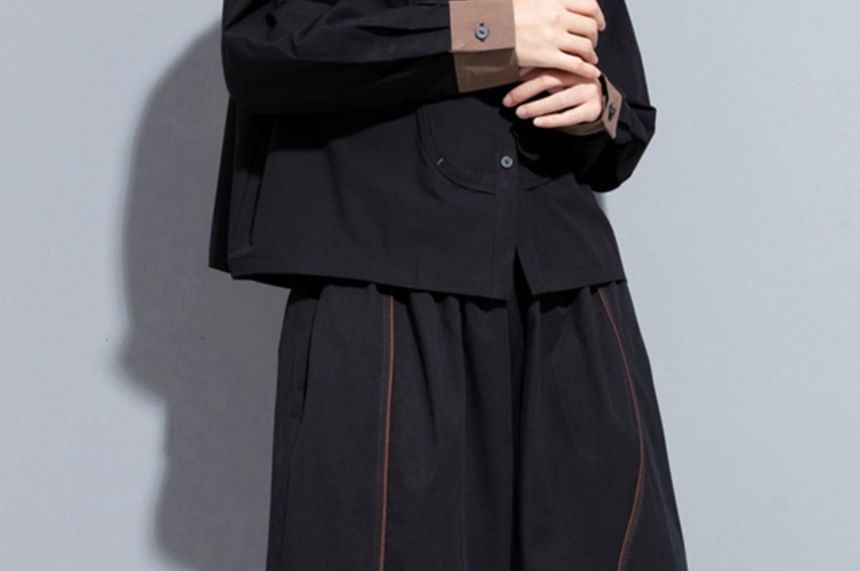 Contrast Trim Long-Sleeve Plain Shirt