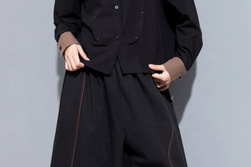 Contrast Trim Long-Sleeve Plain Shirt