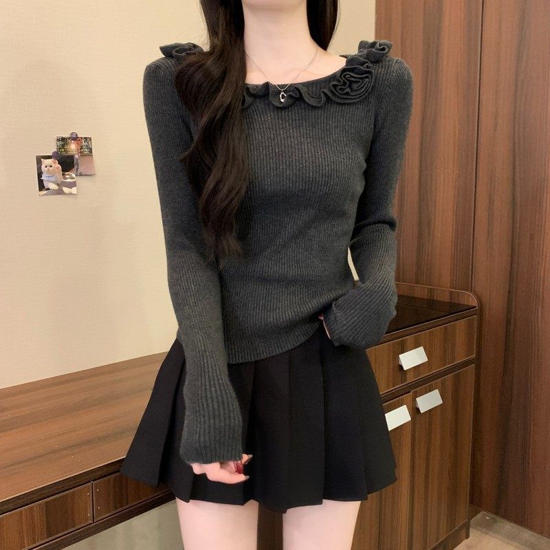 Boat Neck Ribbed Knit Sweater