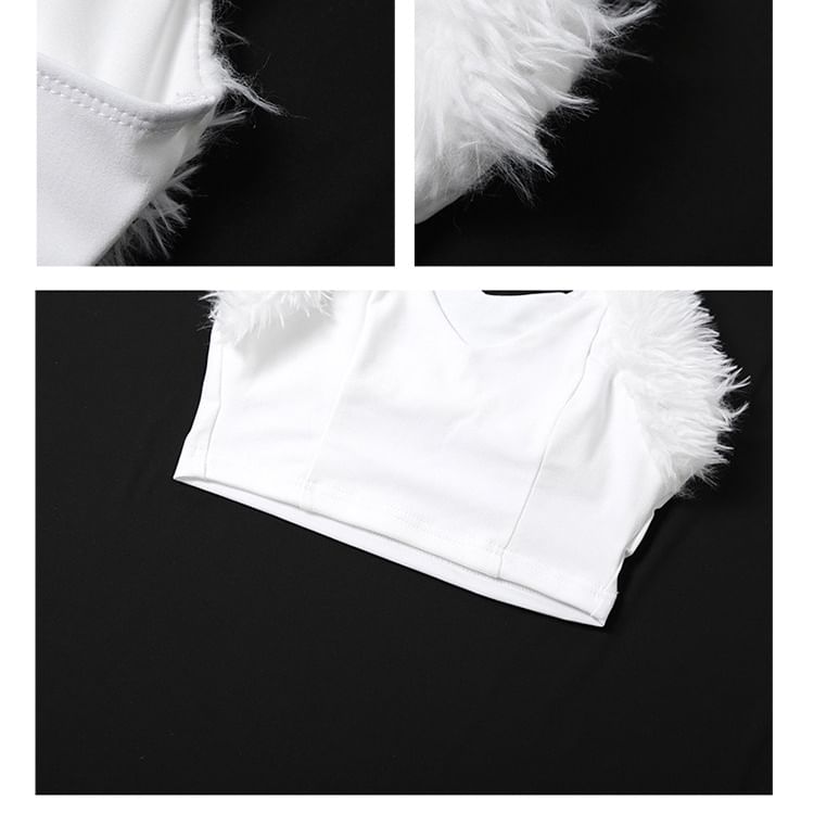 Fuzzy Trim Sleeveless Cropped Tee