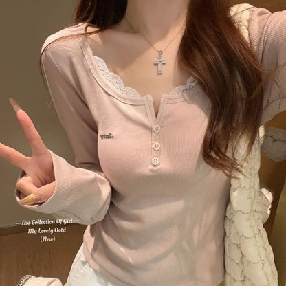 Lace-Trimmed Long-Sleeve Two-Piece Style Top