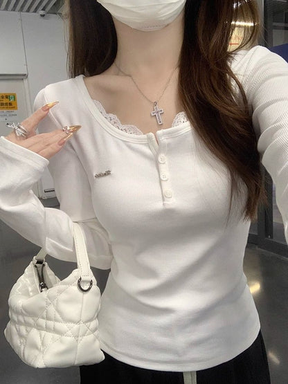 Lace-Trimmed Long-Sleeve Two-Piece Style Top