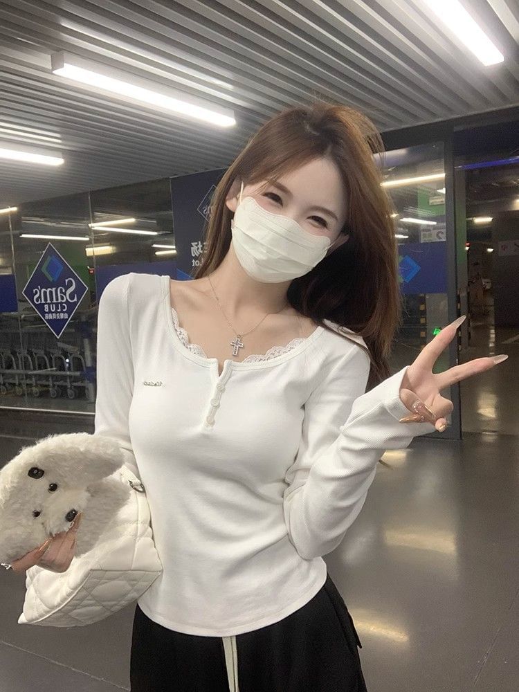 Lace-Trimmed Long-Sleeve Two-Piece Style Top