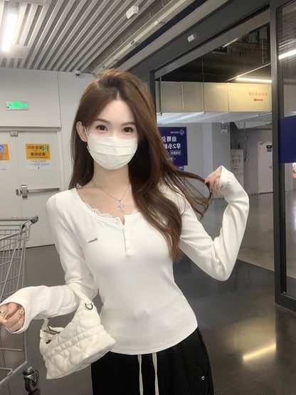 Lace-Trimmed Long-Sleeve Two-Piece Style Top