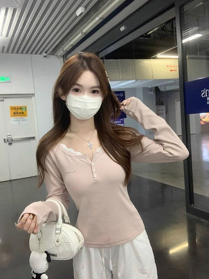Lace-Trimmed Long-Sleeve Two-Piece Style Top