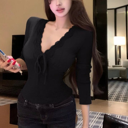 Lace Trim V-Neck Long-Sleeve Plain Top