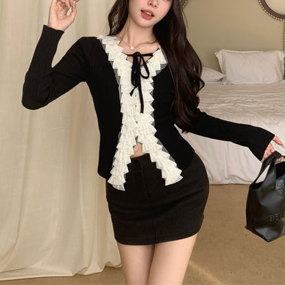 Elegant Ruffle-Trim Long-Sleeve V-Neck Knitwear