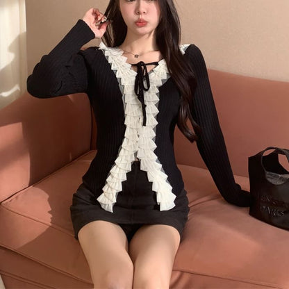 Elegant Ruffle-Trim Long-Sleeve V-Neck Knitwear