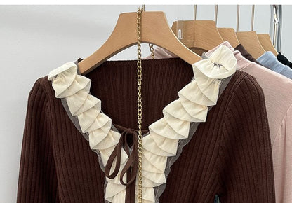 Elegant Ruffle-Trim Long-Sleeve V-Neck Knitwear