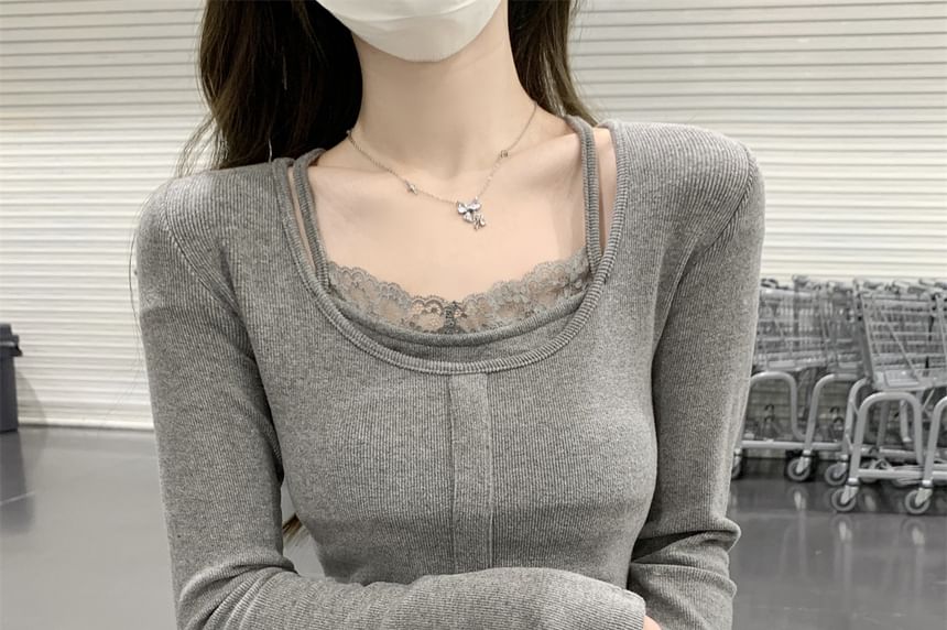 Lace-Detail Long-Sleeve Two-Tone Knit Top