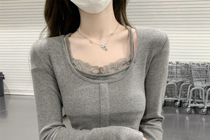 Lace-Detail Long-Sleeve Two-Tone Knit Top