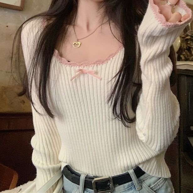 Romantic Lace-Accent Scoop-Neck Long-Sleeve Knit