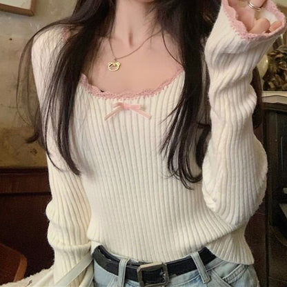 Romantic Lace-Accent Scoop-Neck Long-Sleeve Knit