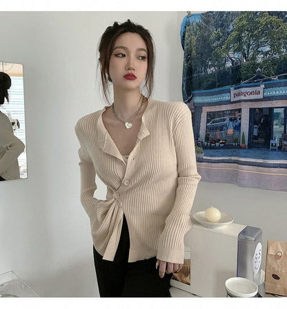 Asymmetrical Button-Front Long-Sleeve Knit Top