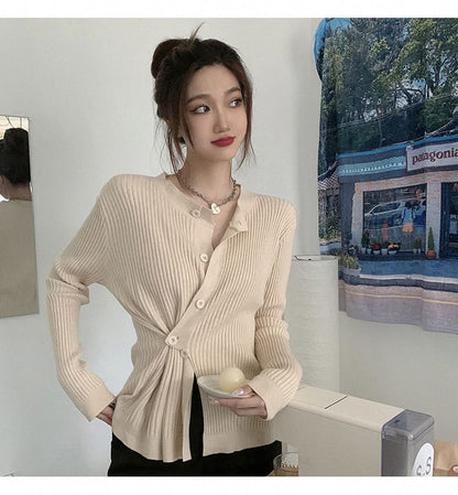 Asymmetrical Button-Front Long-Sleeve Knit Top