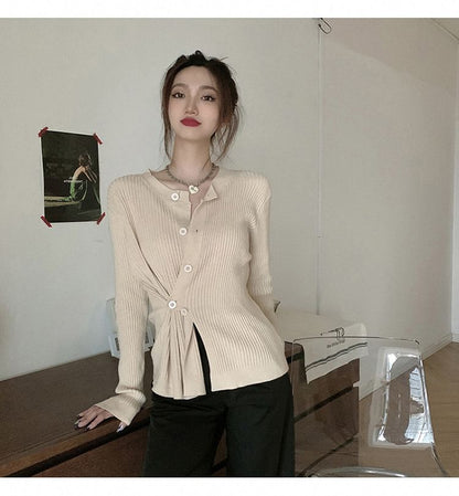 Asymmetrical Button-Front Long-Sleeve Knit Top