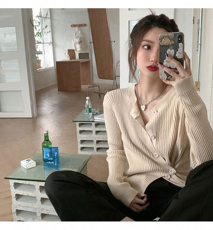 Asymmetrical Button-Front Long-Sleeve Knit Top
