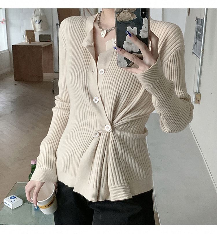Asymmetrical Button-Front Long-Sleeve Knit Top