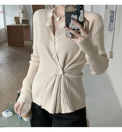 Asymmetrical Button-Front Long-Sleeve Knit Top