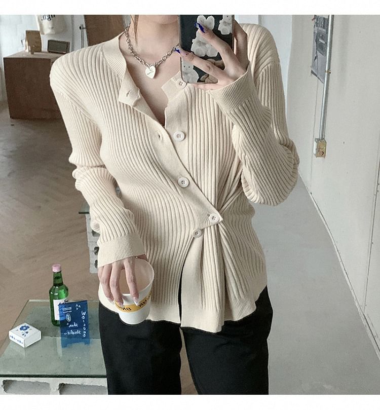 Asymmetrical Button-Front Long-Sleeve Knit Top