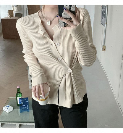 Asymmetrical Button-Front Long-Sleeve Knit Top