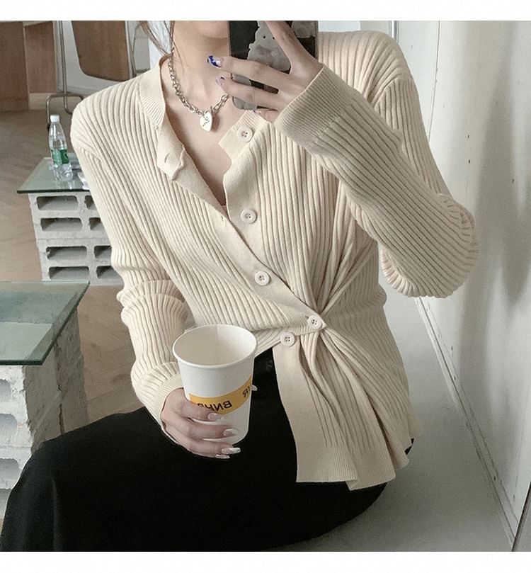Asymmetrical Button-Front Long-Sleeve Knit Top