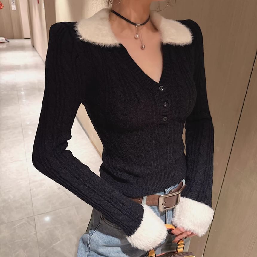 Knit Polo Long-Sleeve Plain Top