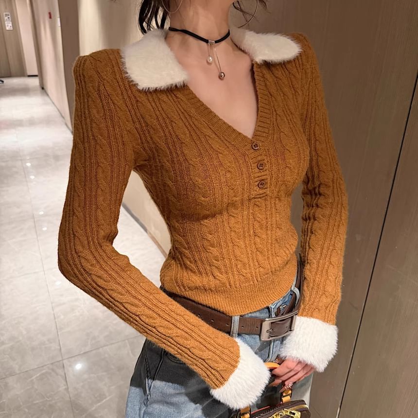 Knit Polo Long-Sleeve Plain Top