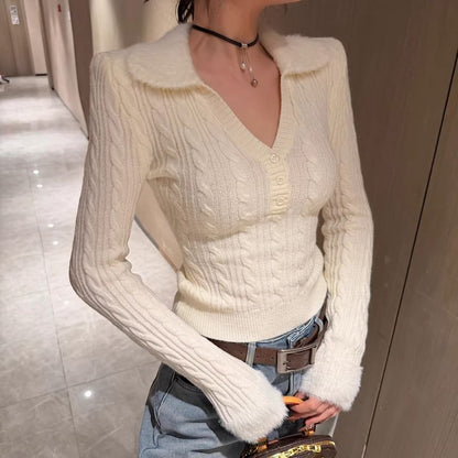 Knit Polo Long-Sleeve Plain Top