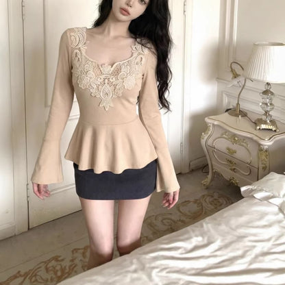 Flowing Flare-Sleeve Lace-Trimmed Blouse