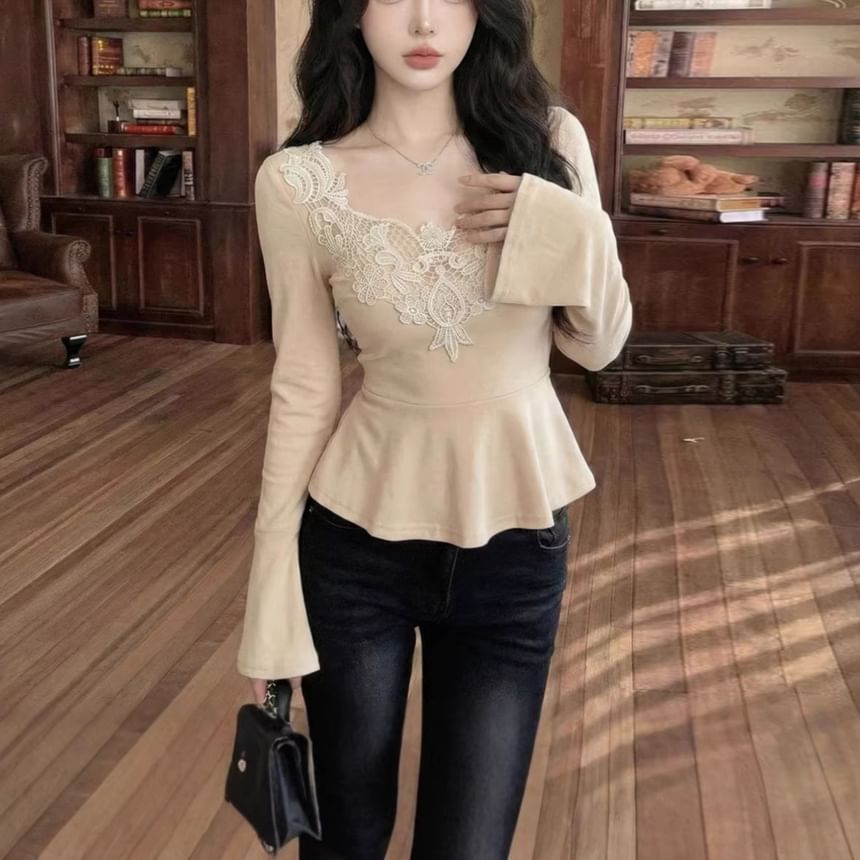 Flowing Flare-Sleeve Lace-Trimmed Blouse