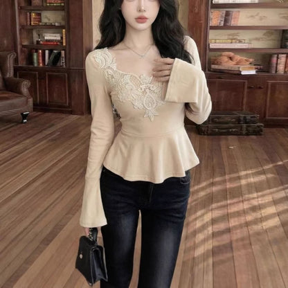Flowing Flare-Sleeve Lace-Trimmed Blouse